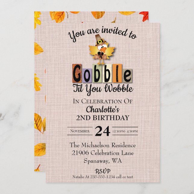 Cute Gobble Til You Wobble Birthday Invitation (Front/Back)