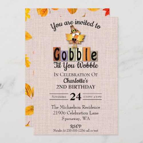 Cute Gobble Til You Wobble Birthday Invitation