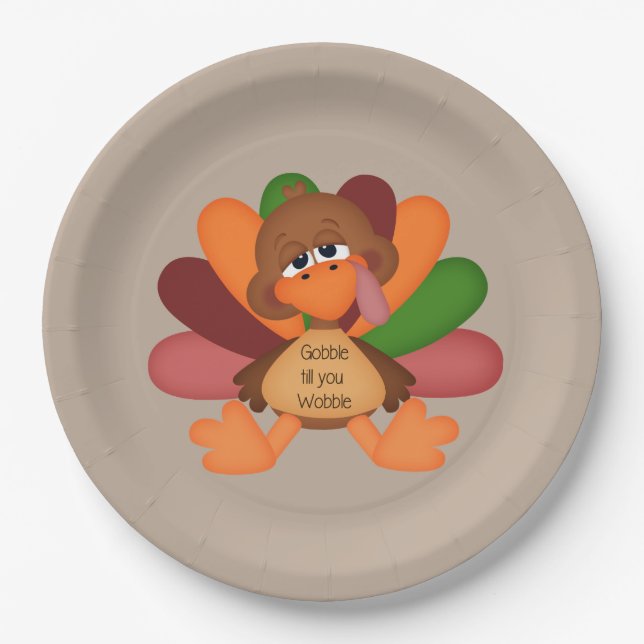 cute gobble till you wobble turkey Thanksgiving Paper Plates (Front)