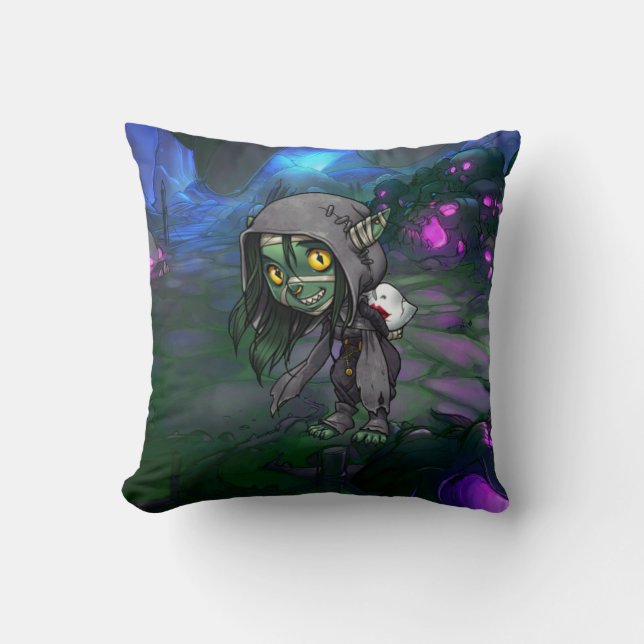 Cute Goblin in Cave Throw Pillow (Front)