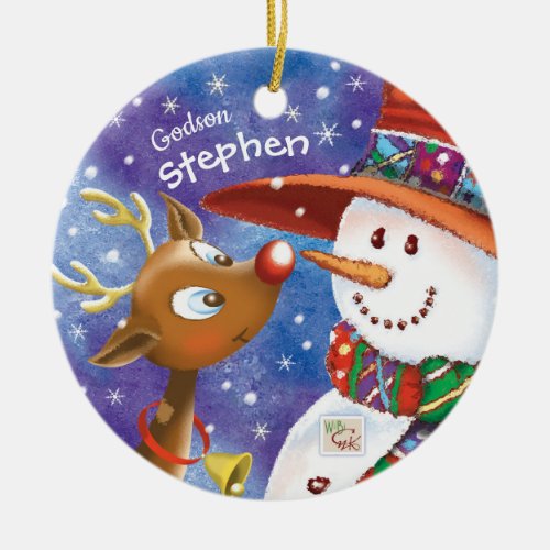 Cute Godson Snowman  Deer Christmas Ceramic Ornament