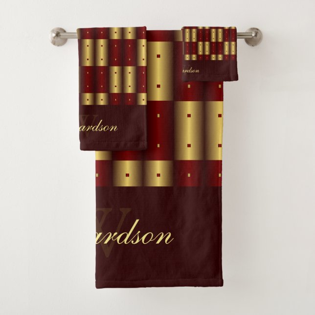 Cute Gold And Burgundy Checkered Monogrammed Bath Towel Set (Insitu)