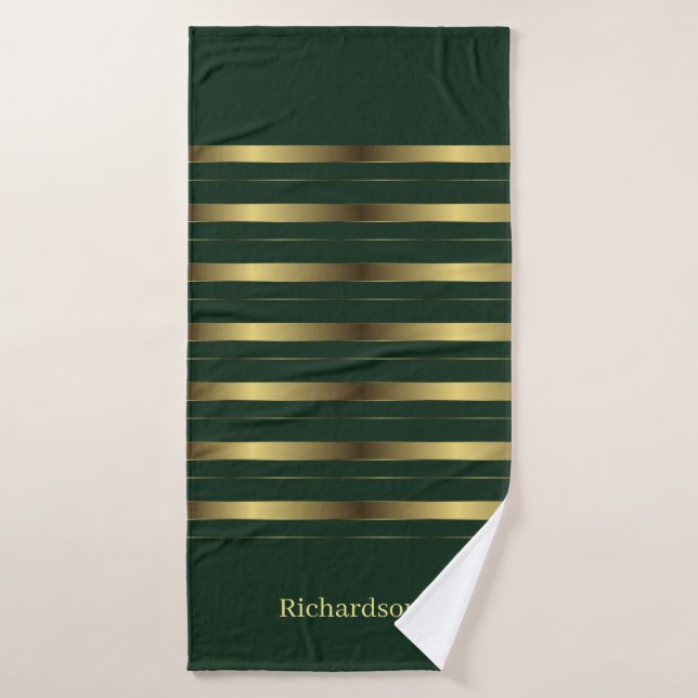 Cute Gold And Emerald Green Stripes Name Bath Towel Set (Bath Towel)