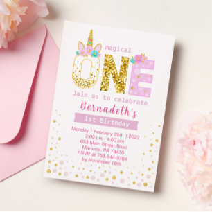 Cute Gold and Pink Confetti Unicorn 1st Birthday Invitation