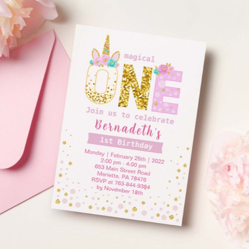 Cute Gold and Pink Confetti Unicorn 1st Birthday Invitation