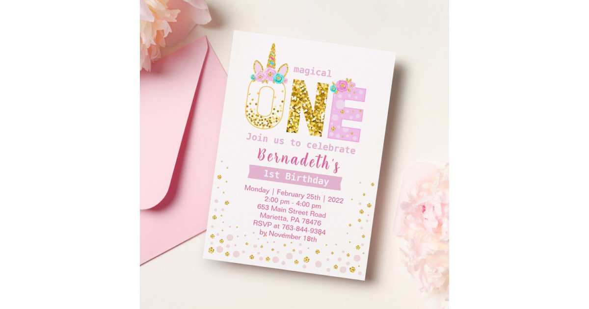 Cute Gold and Pink Confetti Unicorn 1st Birthday Invitation | Zazzle