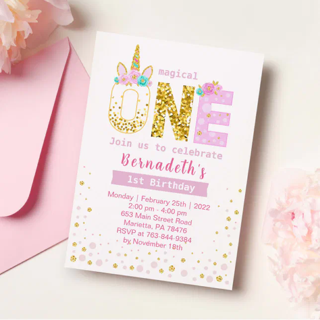 Cute Gold and Pink Confetti Unicorn 1st Birthday Invitation | Zazzle