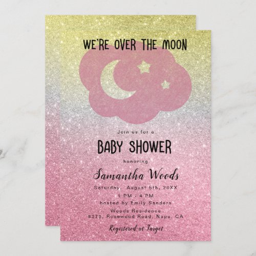 Cute Gold and Pink Glitter Moon Baby Shower  Invitation
