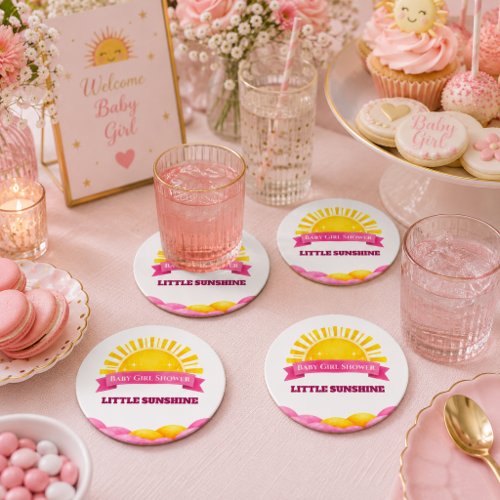 Cute Gold And Pink Sunshine Baby Girl Celebration Round Paper Coaster