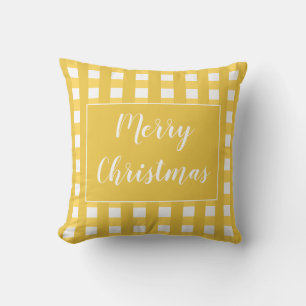 Cute Gold And White Merry Christmas Buffalo Check Throw Pillow