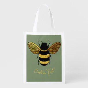CUTE GOLD BLACK BUMBLEBEE CUSTOM TEXT BEE GREEN GROCERY BAG