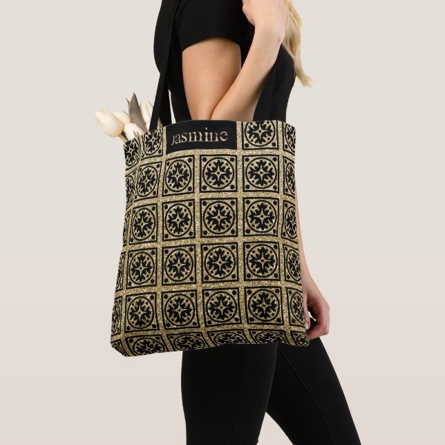 Cute Gold Black Glitter Pattern Personalized Tote Bag (Close Up)