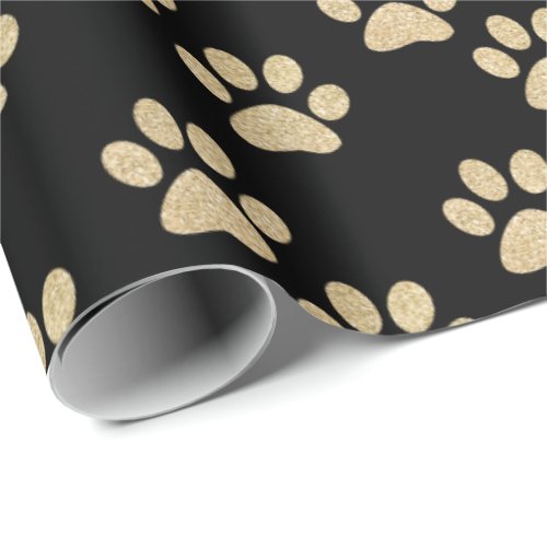 Cute Gold Black Glitter Paw Prints Pet Lovers Wrapping Paper