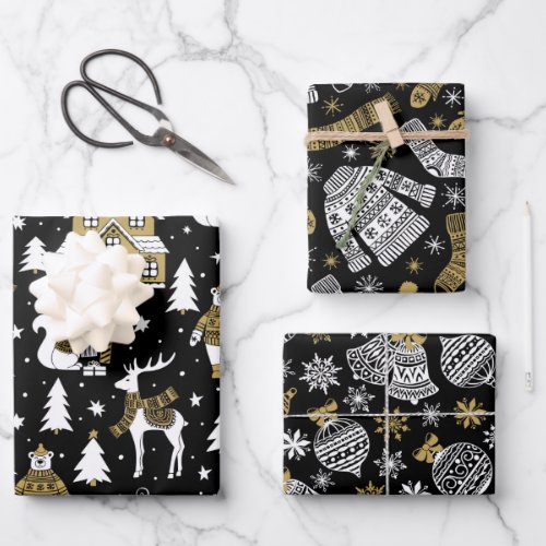 Cute Gold Black White Deer Sweater Bauble Fairisle Wrapping Paper Sheets