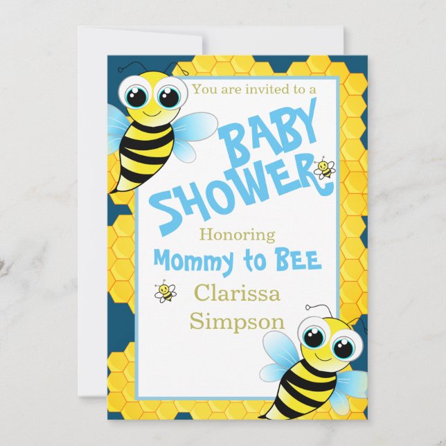 Cute Gold Blue Yellow Mommy To Bee Baby Shower Invitation (Front)