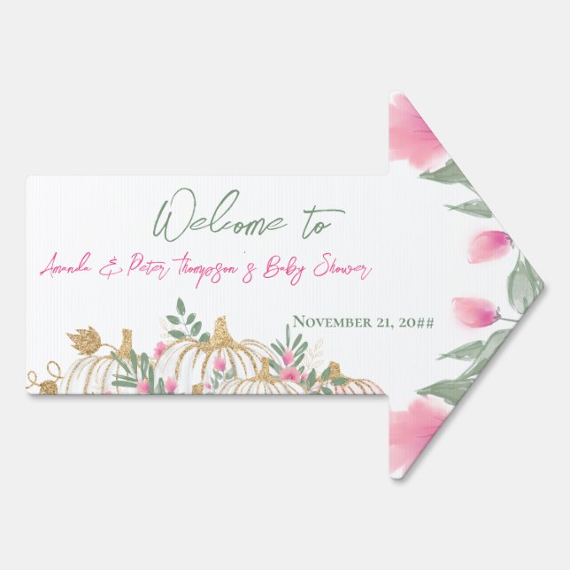 Cute Gold Blush Pink Pumpkin Baby Shower Arrow Sign (Back)