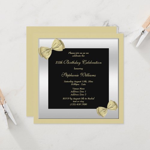 Cute Gold Bows  Silver Framed Birthday   Invitation