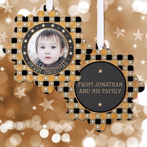    Cute Gold Buffalo Plaid  Stars Merry Christmas Ornament Card