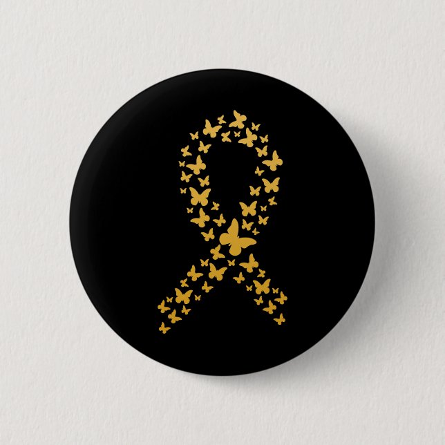 Cute Gold Butterflies Ribbon Childhood Cancer Awar Button (Front)