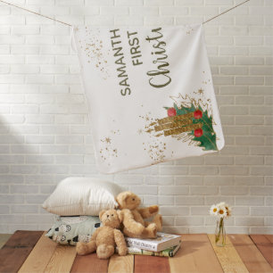 Cute Gold Candles Holly Leaves First Christmas Baby Blanket