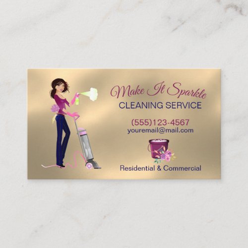 Cute Gold Cartoon Maid Cleaning Services Business Card