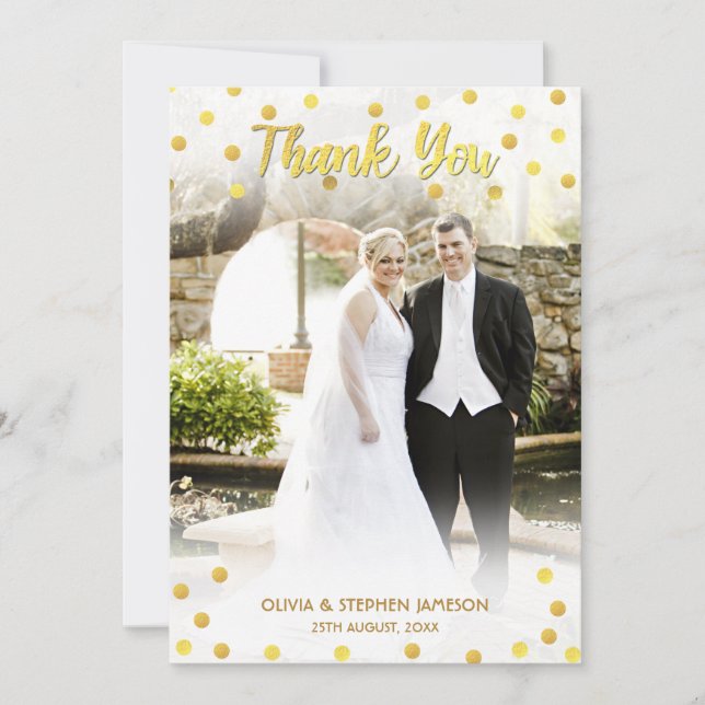 Cute Gold Confetti Thank You Wedding Photo Card (Front)