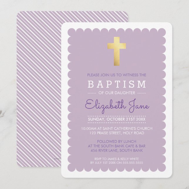 CUTE GOLD CROSS modern baptism scalloped purple Invitation (Front/Back)
