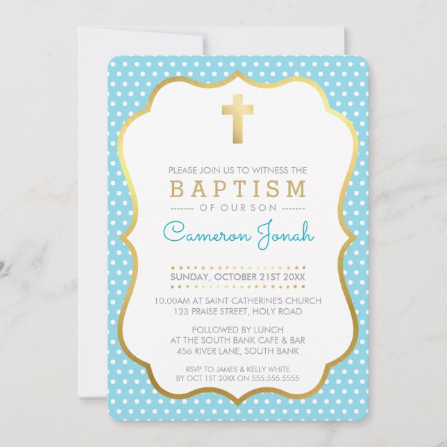 CUTE GOLD CROSS pretty baptism fancy polkadot blue Invitation (Front)