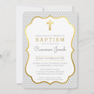 CUTE GOLD CROSS pretty baptism fancy polkadot grey Invitation
