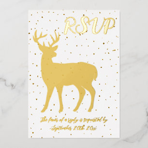 Cute Gold Deer & Gold Confetti RSVP Real Foil Invitation