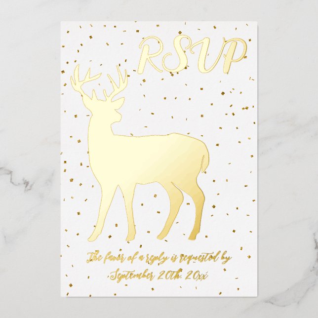 Cute Gold Deer & Gold Confetti RSVP Real Foil Invitation (Front)