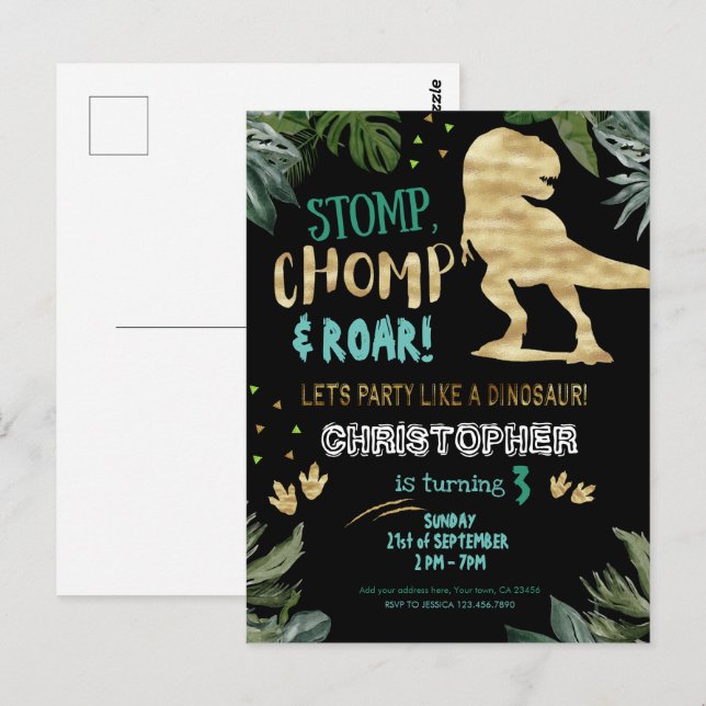 Cute gold Dinosaur Birthday party Postcard (Front/Back)