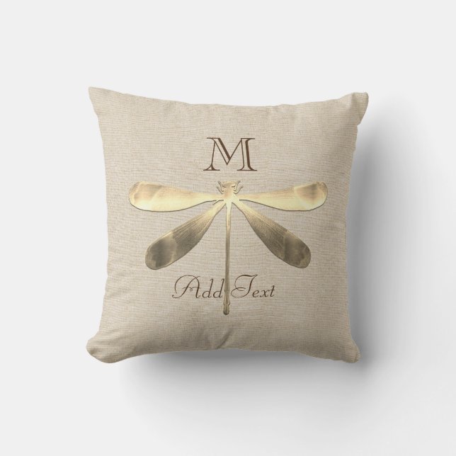 Cute Gold Dragonfly Monogrammed Throw Pillow (Front)