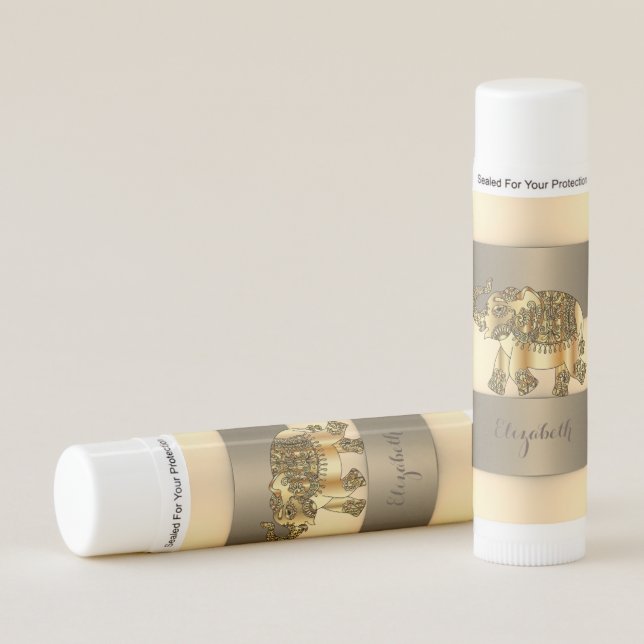 Cute Gold Elephant Paisley,Stripes- Personalized Lip Balm (Front)