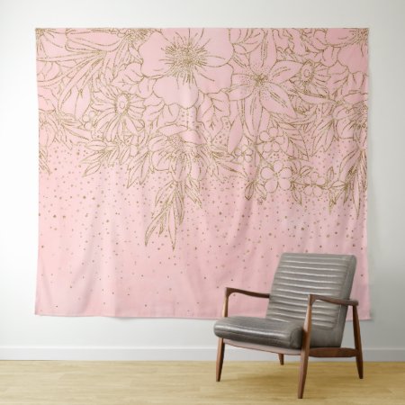 Cute Gold Floral Doodles & Confetti Pink Design Ca Tapestry