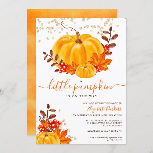 Cute gold floral pumpkin watercolor baby shower invitation