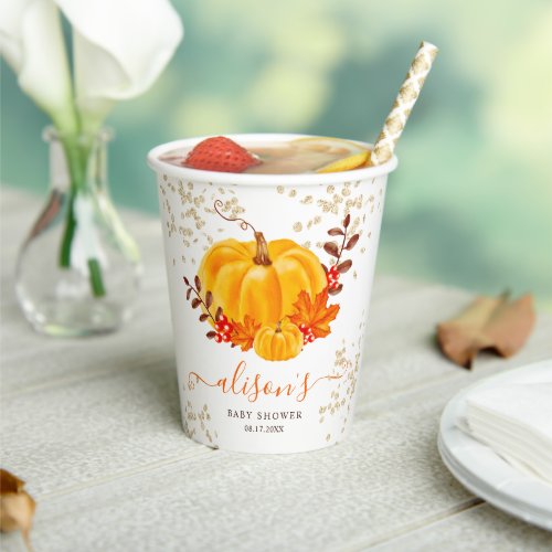 Cute gold floral pumpkin watercolor baby shower paper cups