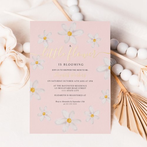 Cute gold flower daisy watercolor baby shower foil invitation