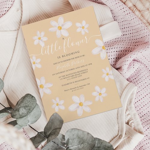 Cute gold flower daisy watercolor baby shower invitation