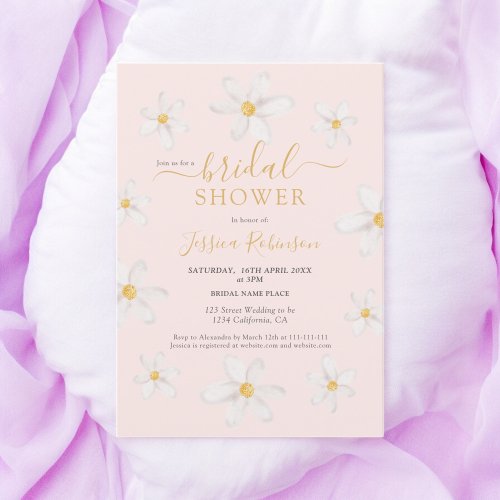 Cute gold flower daisy watercolor bridal shower invitation