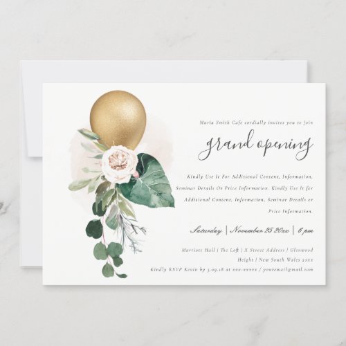 Cute Gold Foil Balloon Floral Grand Opening Invite
