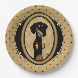 Cute Gold Frame Dachshund Portrait (black & tan) Paper Plates