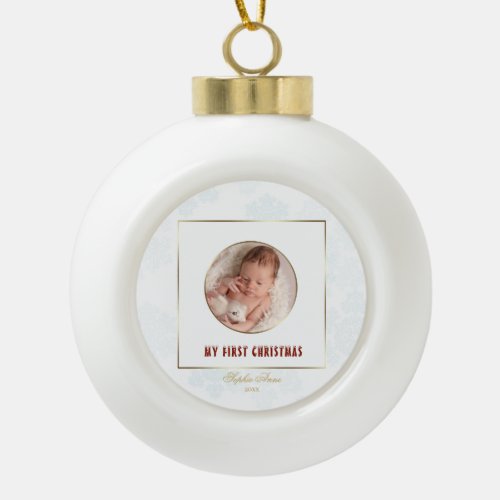 Cute Gold Frame My First Christmas Baby Photo Ceramic Ball Christmas Ornament