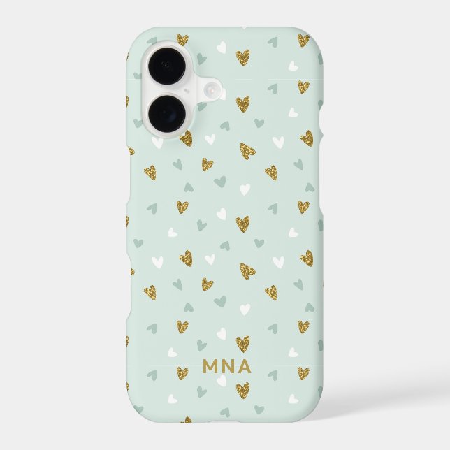 Cute Gold Glitter and Mint Hearts Pattern Monogram Iphone Case (Back)