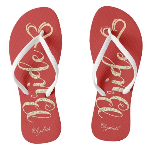 Cute Gold Glitter BrideHeart Red _Personalized Flip Flops