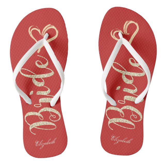 Cute Gold Glitter Bride,Heart ,Red -Personalized Flip Flops (Footbed)