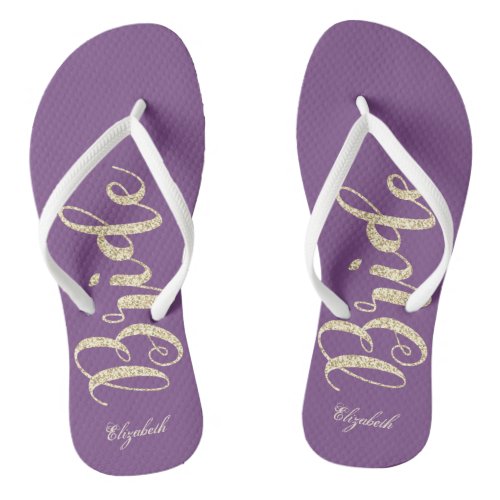 Cute Gold Glitter BridePurple  _Personalized Flip Flops