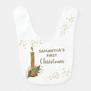 Cute Gold Glitter Candle Leaves First Christmas Baby Bib