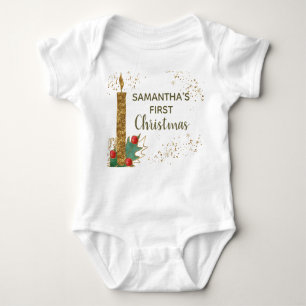 Cute Gold Glitter Candle Leaves First Christmas Baby Bodysuit