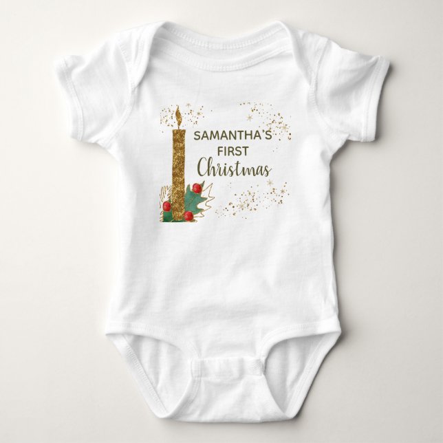 Cute Gold Glitter Candle Leaves First Christmas Baby Bodysuit (Front)
